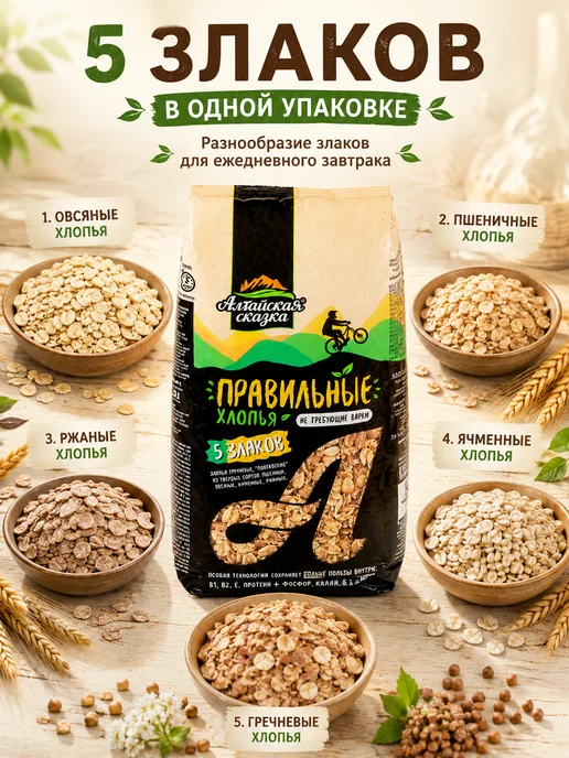 алтайская сказка Хлопья Мультизлаковые 5 Злаков 4шт по 400г, 6 шт, 400 г, фото 2