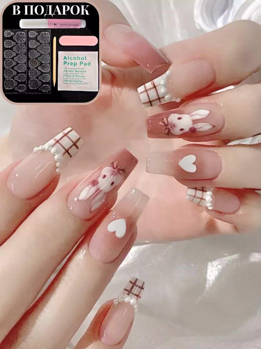 Накладные ногти с дизайном и клеем длинные Jili nails 111893627 купить за  255 ₽ в интернет-магазине Wildberries