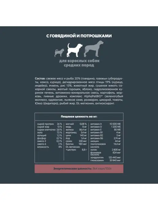 Сухой корм AlphaPet Потрошками для собак, средние, говядина, 2 кг, фото 3