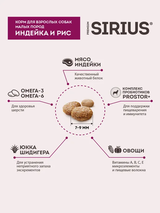 Сухой корм SIRIUS Малых для собак, индейка, 2 кг, фото 5