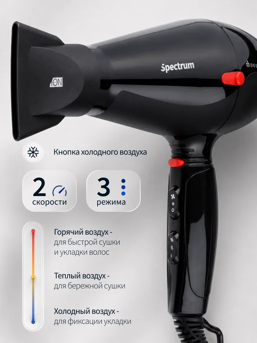 DEWAL Фен для волос профессиональный черный Spectrum, черный, фото 4