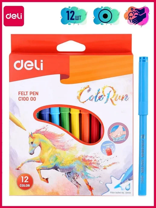 DELI Фломастеры Дели ColoRun яркие 12 цветов, 12 цв., фото 2