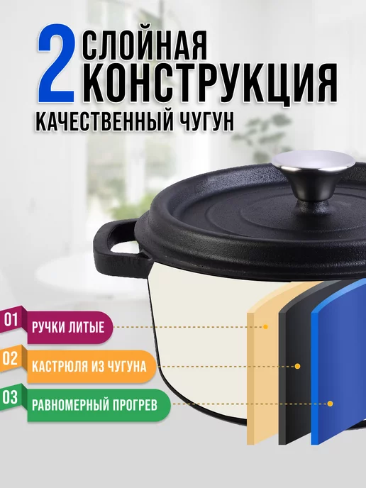Казан кастрюля чугунный с крышкой 2,9 литра для плиты - фото 4