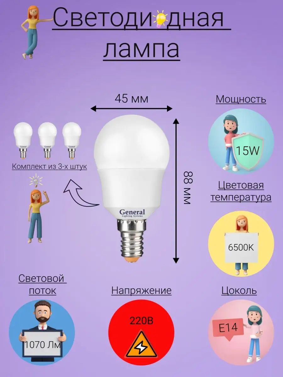 Лампочка светодиодная, 15 Вт, цоколь E14 General Lighting Systems 114200649  купить за 412 ₽ в интернет-магазине Wildberries