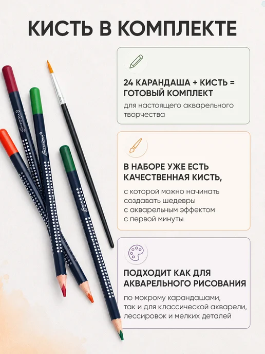 ArtQ Карандаши цветные акварельные для школы набор 24 цвета, 24 цв., фото 3