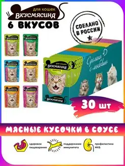 Корм для кошек влажный Пауч Микс из 6 вкусов 85 г 30 шт ВКУСМЯСИНА 115062423 купить за 818 ₽ в интернет-магазине Wildberries