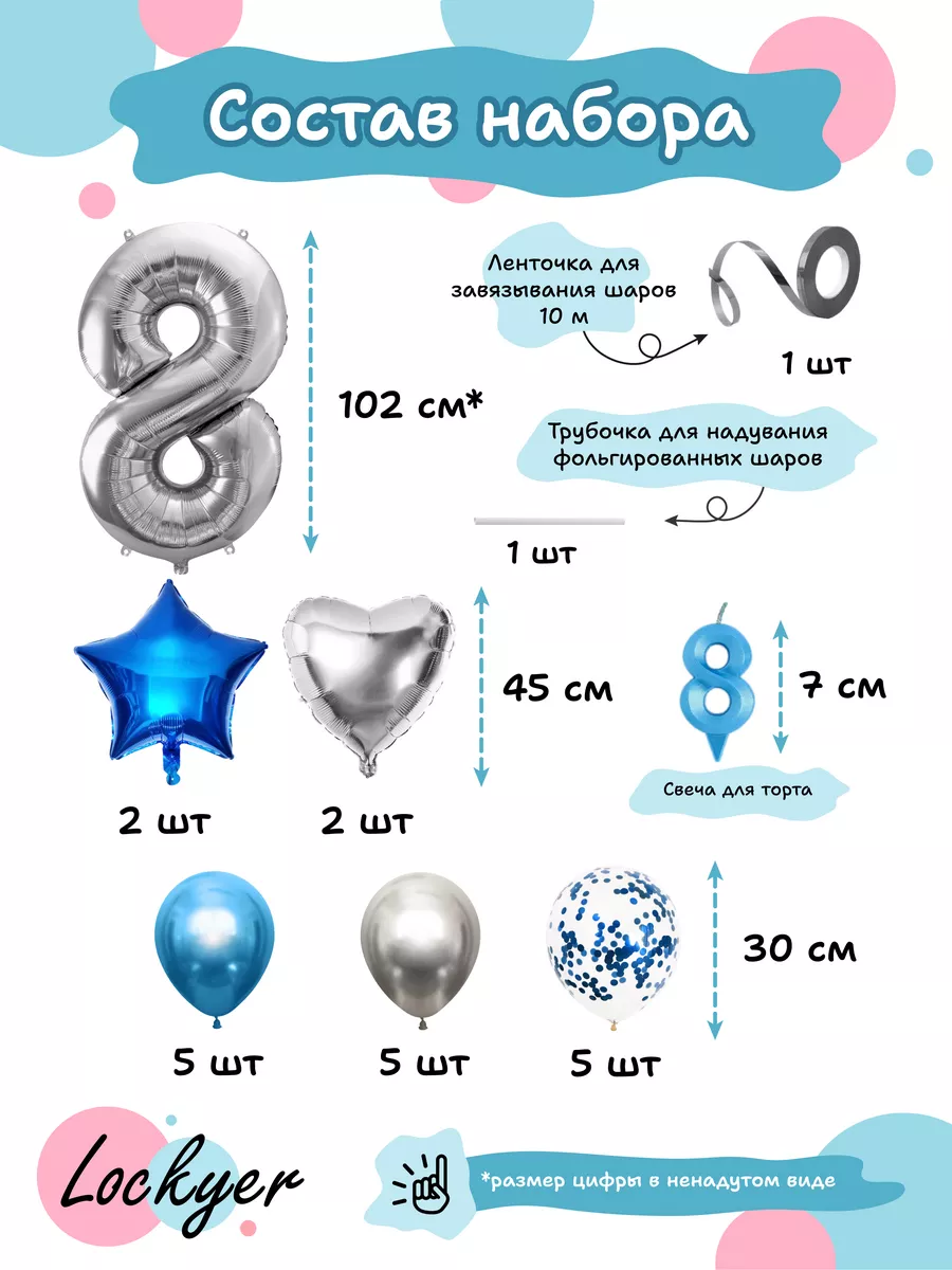 Воздушные шары на день рождения мальчика 8 лет цифра + свеча Lockyer  115748237 купить за 444 ₽ в интернет-магазине Wildberries