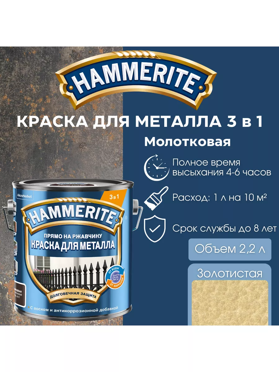 Краска по металлу алкидная молотковая, объем 2,2 л Hammerite 115849772  купить в интернет-магазине Wildberries