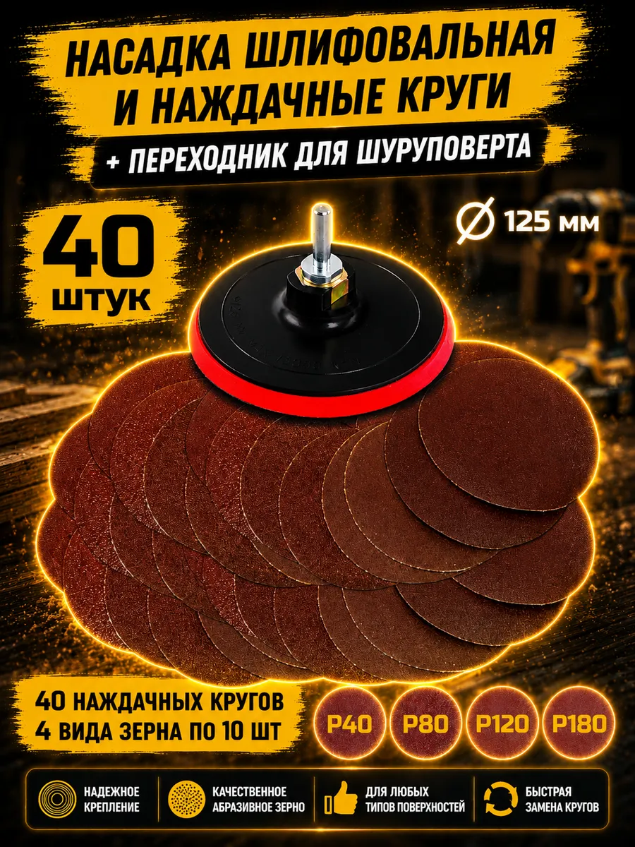 Насадка шлифовальная на липучке 125мм и наждачные круги 40шт