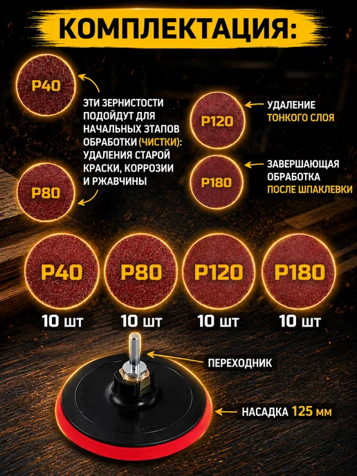 Reli Ware Tools Насадка шлифовальная на липучке 125мм и наждачные круги 40шт, 40 шт, фото 2