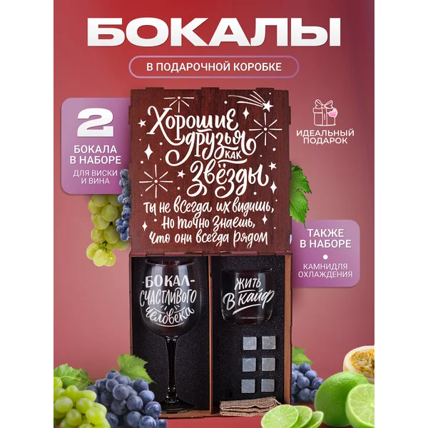 Набор бокалов с надписью для виски и вина 2 штуки