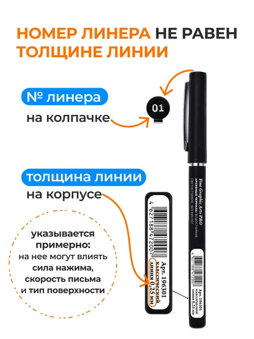 Малевичъ Набор черных капиллярных ручек линеров 0.2, 0.3, 0.4 мм, черный, фото 6